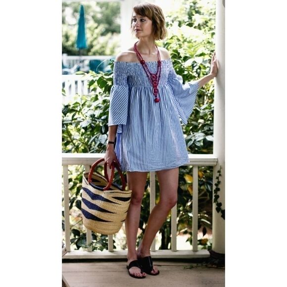 Zara Off Shoulder Striped Summer Bell Sleeve Dress - Picture 5 of 14